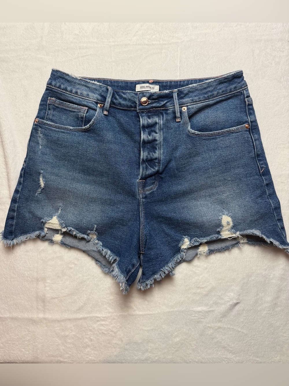Good American Distressed Denim Cutoff Shorts Button Fly Size 14